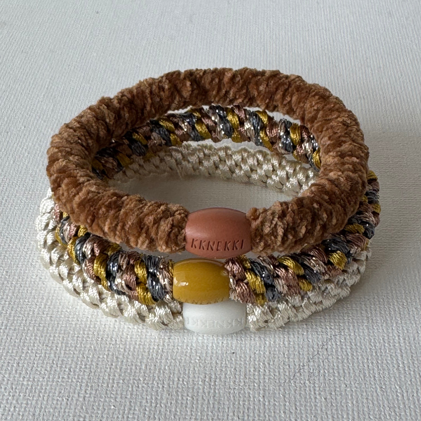 Set of 3 KKNEKKI woven hair ties in brown, cream and yellow