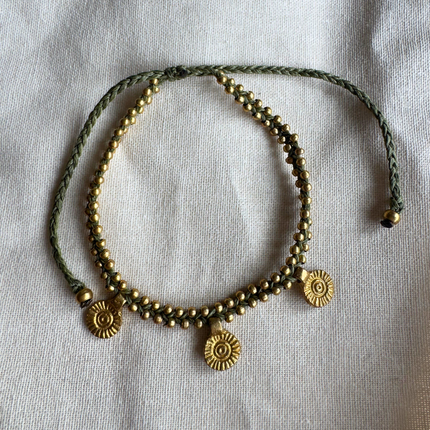 Bambi Brass Anklet in green waxed cord with brass beads and charms