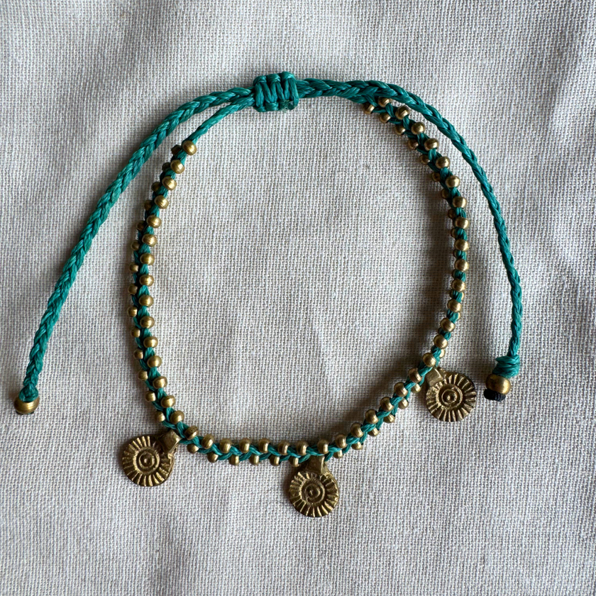 Bambi Brass Anklet in teal waxed cord with brass beads and charms