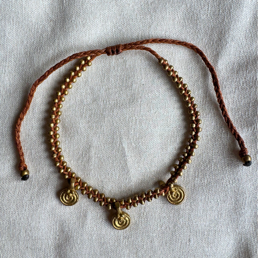 Bambi Brass Anklet in brown waxed cord with brass beads and charms