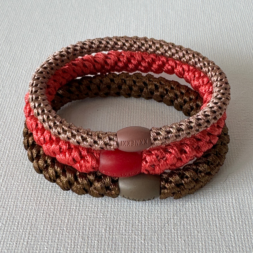 Set of 3 KKNEKKI woven hair ties in red and brown tones