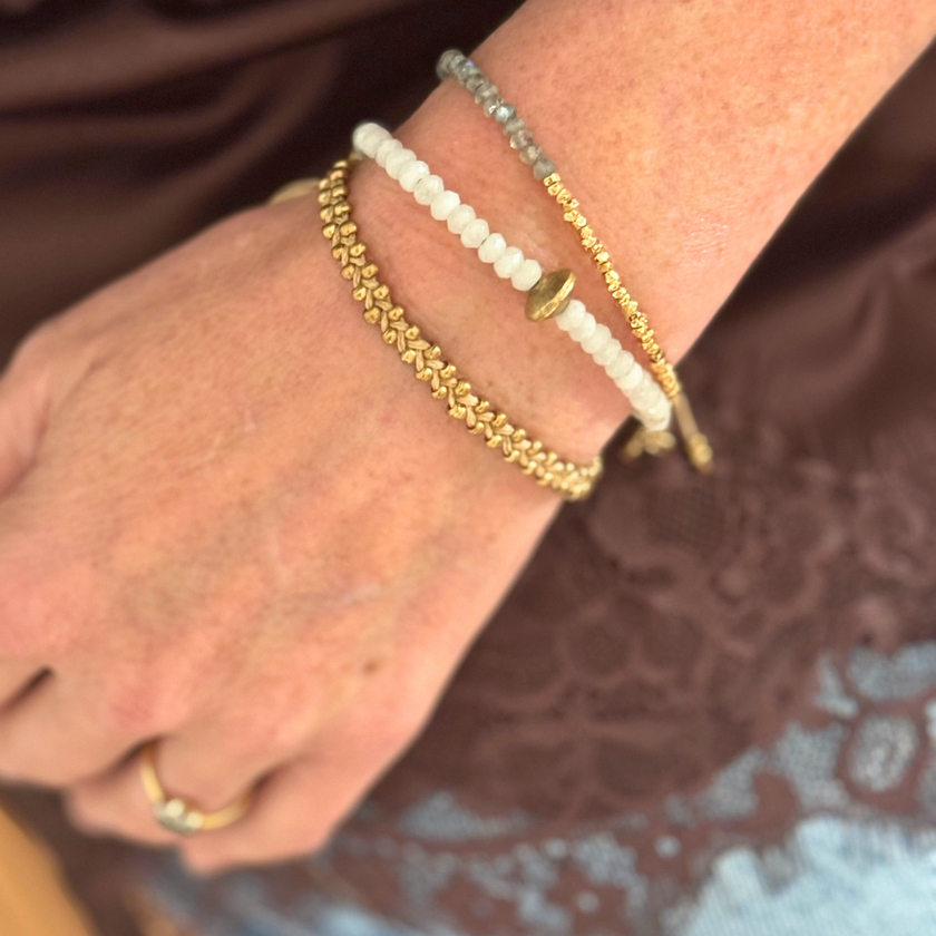 Munnar Labradorite Bracelet worn stacked on the wrist
